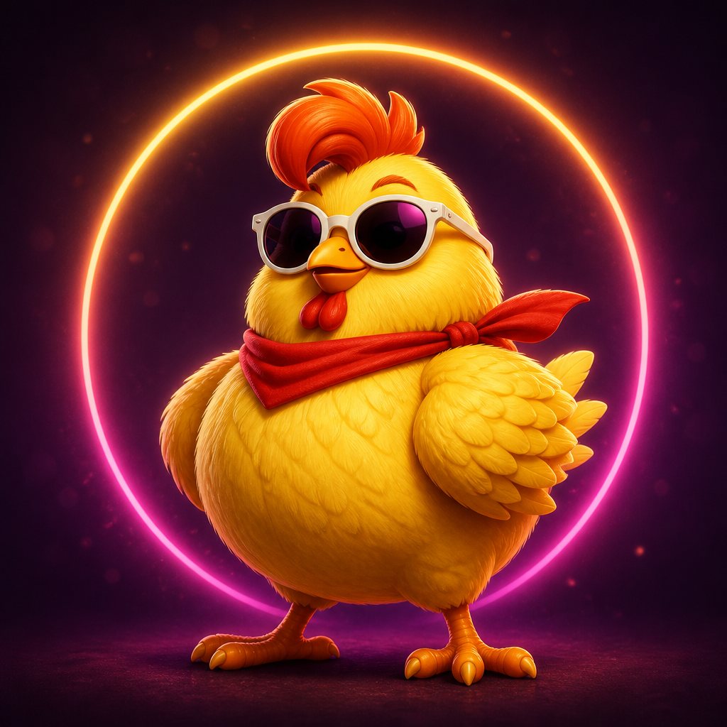 Key art of the sunglasses-wearing chicken mascot against a neon ring