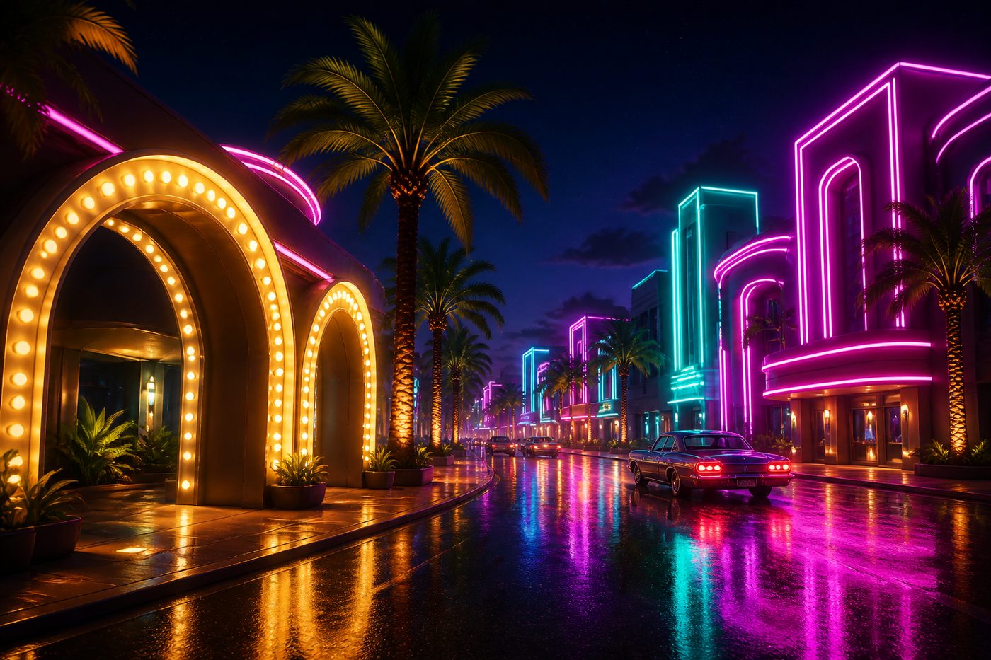 Abstract neon arches over a wet night street