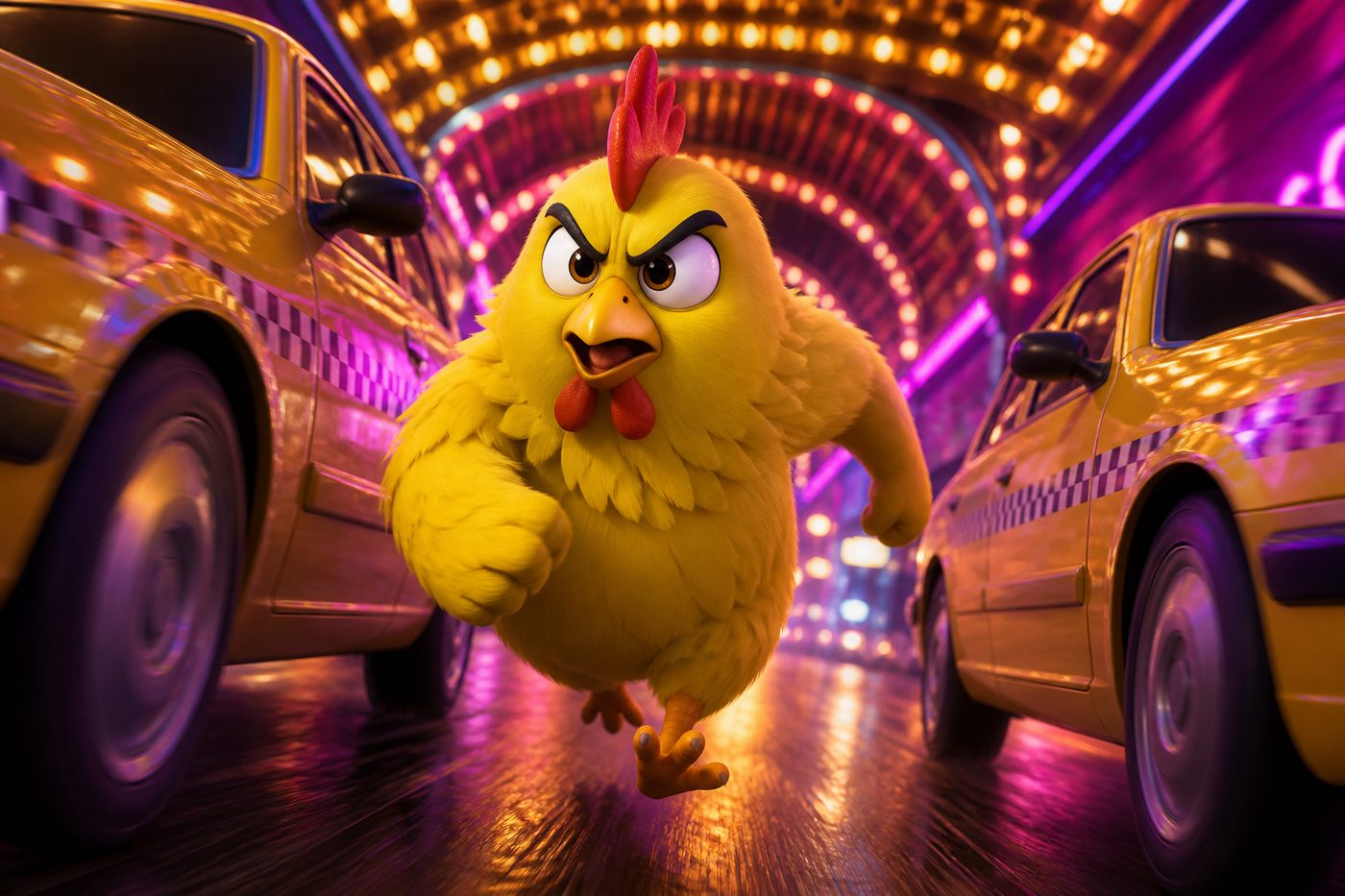 Close action of the chicken dashing between two taxis
