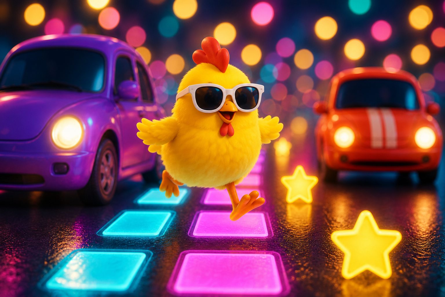 Gameplay-style view of the chicken hopping across glowing neon crosswalk tiles
