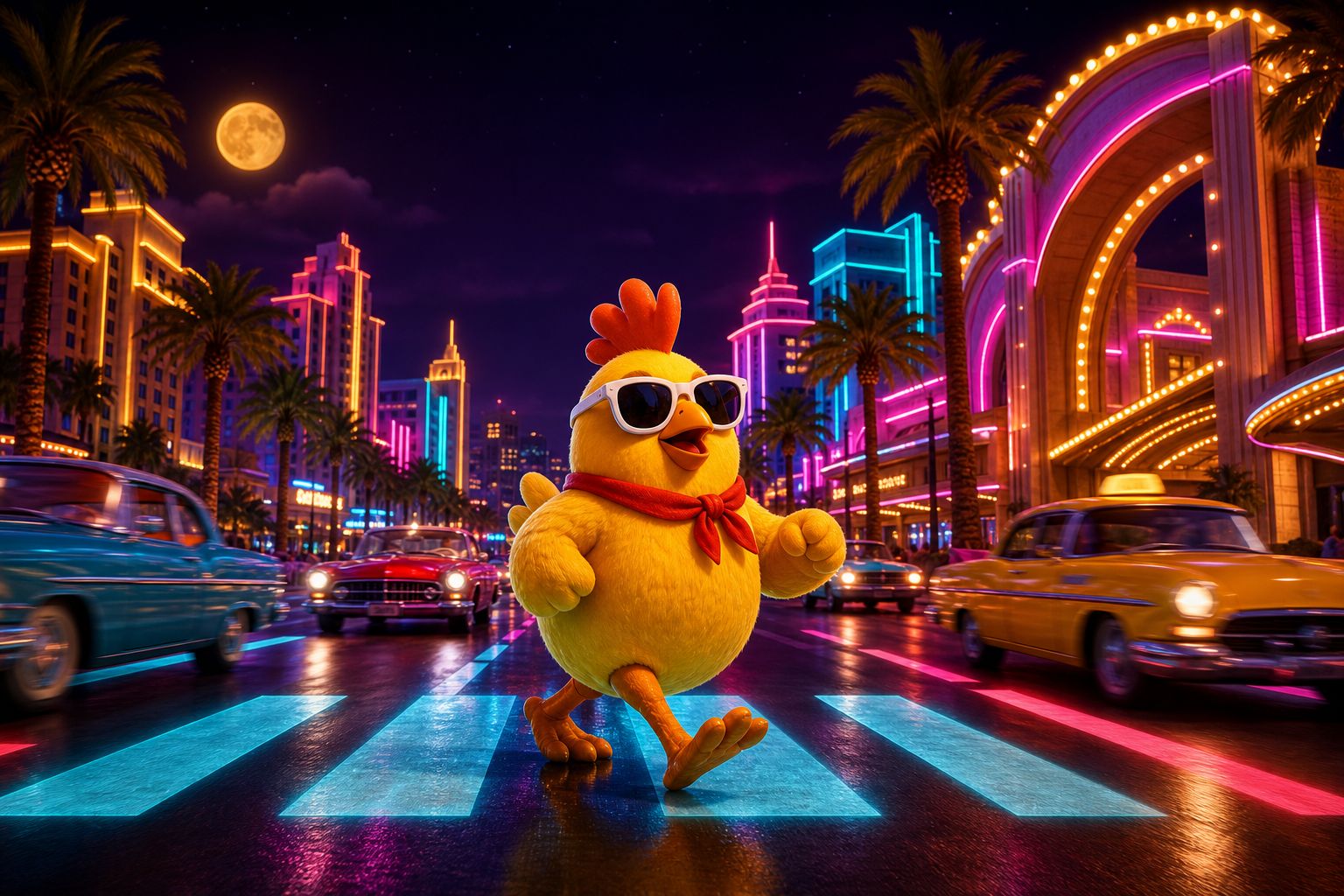 A cartoon chicken in sunglasses crossing a neon Las Vegas boulevard at night
